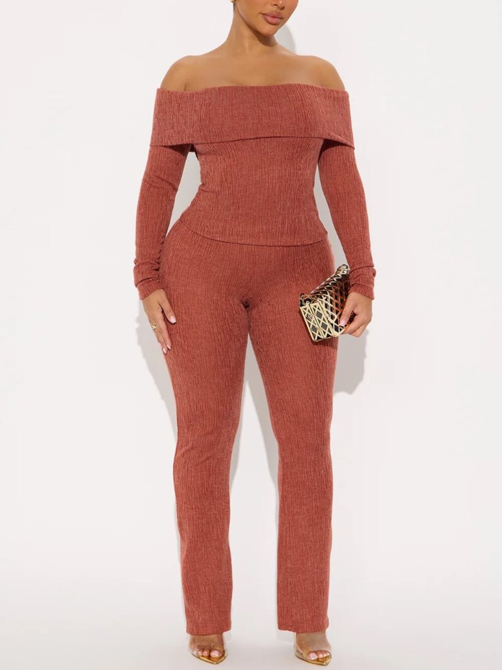 Fashion Nova Rust Off Shoulder Pant Set 2 Piece Wide Leg Stretch Size Large